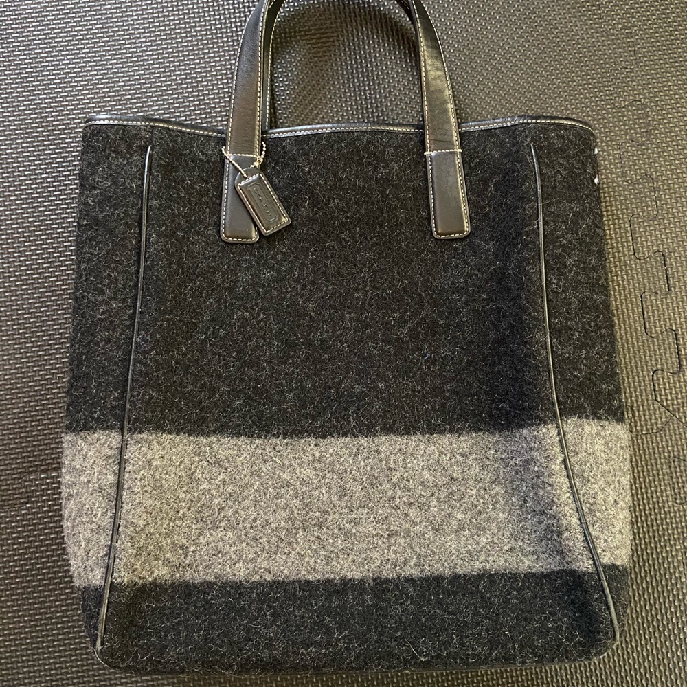 Coach wool tote handbag, black with charcoal stripe